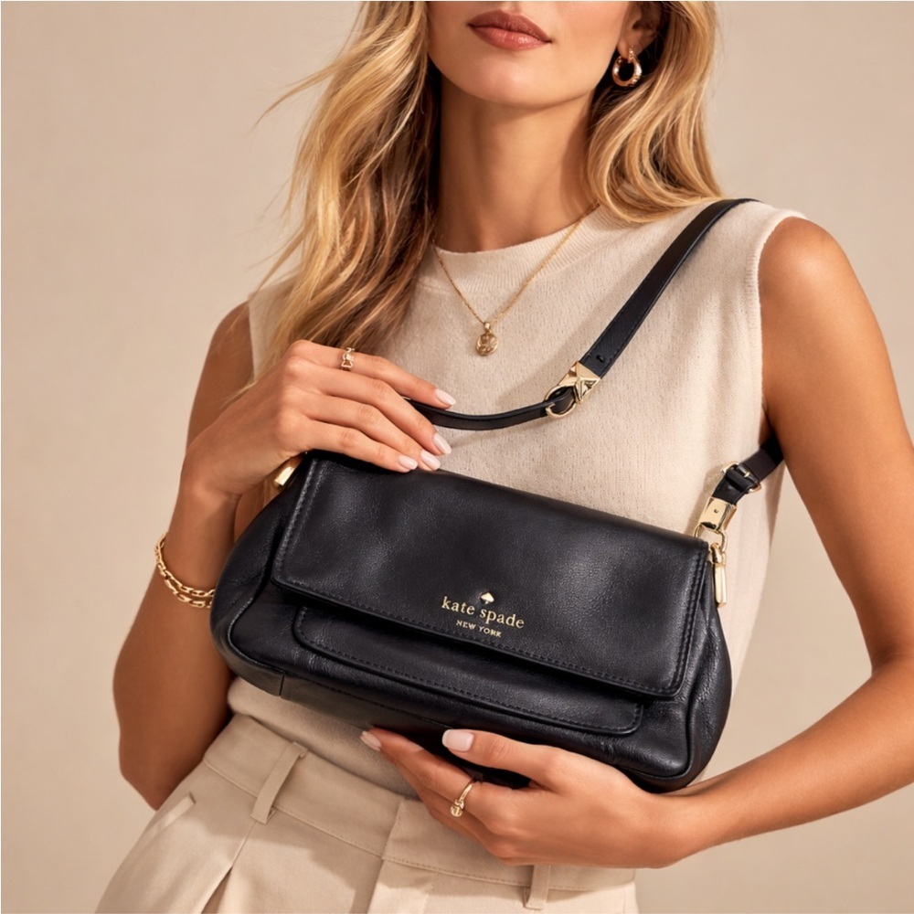 Kate Spade New York Black Leather Crossbody Shoulder Bag Designer Minimalistic